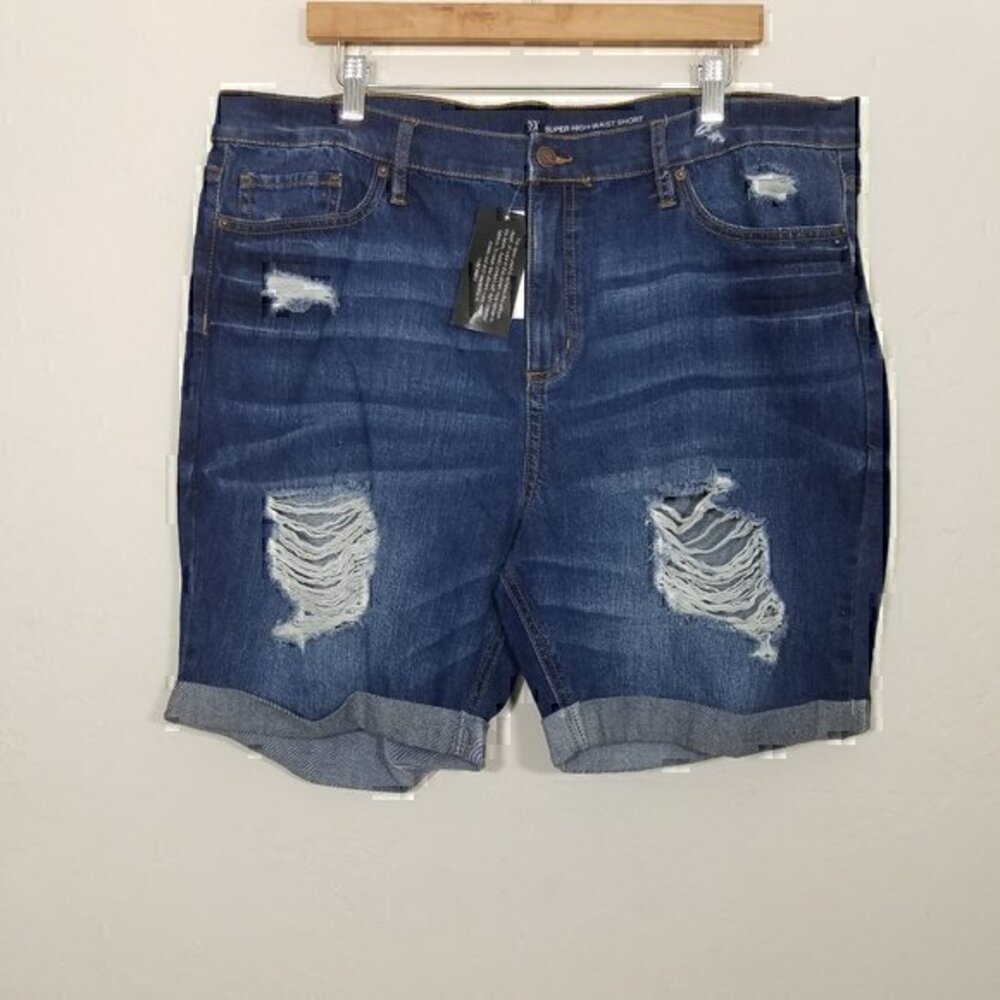 NWT New York & Company Super High-Waist Shorts Blue Stretch Distressed Size 20